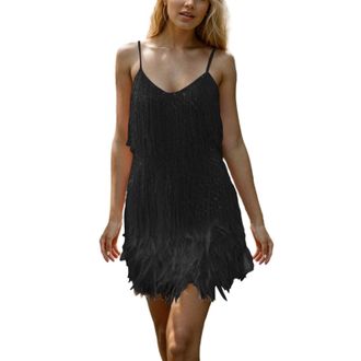 Generic Women Sexy Deep V-Neck Spaghetti Straps Fringe Bodycon Mini Dress Tassels Backless Cocktail Club Party Dresses Womens Sequins Tassel Dance Dress Flapp