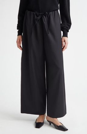Toteme Wide Leg Wool Drawstring Dinner Trousers in Black at Nordstrom, Size 10 Us