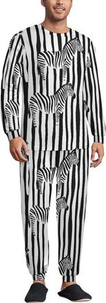 Generic Black And White Stripes Zebra Pattern Mens Pajama Sets Elastic Waistband Sleepwear Crewneck Long Sleeve Loungewear L