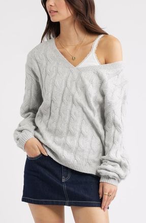 BP. Cable Knit V-Neck Cotton Blend Sweater in Grey Light Heather at Nordstrom, Size Small