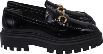 Stuart Weitzman Owen Buckled Lug Loafers in Black Patent Leather