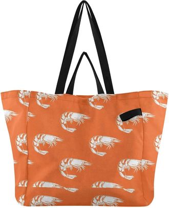 Generic Seafood Orange print Reusable Canvas Tote Bag, Heavy Duty Grocery Shopping Bag with Double Handles Large Capacity Hard Bottom Work Groceries Travel