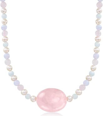 Ross-Simons Rose Quartz and Pastel Multi-Gemstone Bead Necklace With 6-6.5mm Cultured Pearls in 18kt Gold Over Sterling