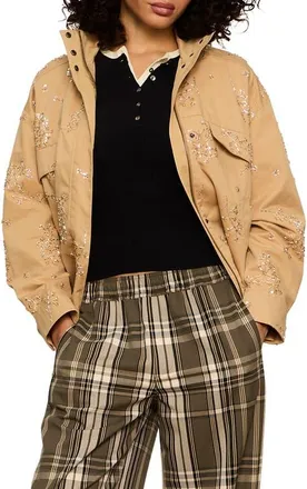 Sanctuary Limelight Bead Detail Cotton Surplus Jacket in Sparkle Motion Beige at Nordstrom, Size X-Large