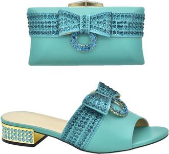 Generic Womens Low Heels Slip On Sandals and Handbag Matching Set Rhinestone Bow Decorated for Wedding Bride Party