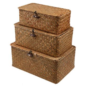 Gabrielle Caja De Almacenamiento De Rat&aacute;n Tejido Con Tapa - Cestas De Lavander&iacute;a De Algas Marinas - Organizador De Maquillaje - Para Ba&ntilde;o, Sala De Estar, Cocina