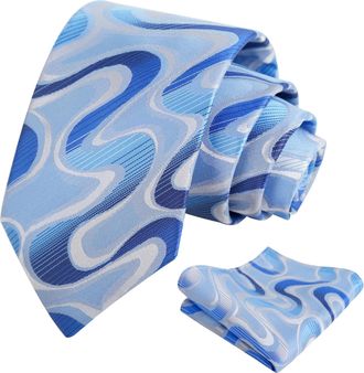 Alizeal Mens Ripple Patterned Necktie and Hanky Colorful Gradient Novelty Tie and Pocket Square Set, Blue