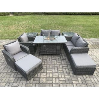 Fimous 8 Seater Rattan Garden Furniture Set Outdoor Propane Gas Fire Pit Table and Sofa Chair set with 2 Side Tables 2 Big Footstool - Fimous
