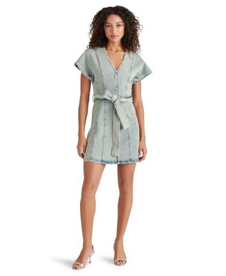 Steve Madden Joelle Mini Dress Womens Stone Blue Denim Tie Waist PALL342