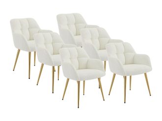 Vente-Unique Conjunto de 6 sillas con reposabrazos - Tela de boucl&eacute; y metal dorado - Blanco - PEGA de Pascal MORABITO