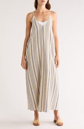 Elan Stripe Sleeveless Cover-Up Maxi Dress in Beige/Blue Stripe at Nordstrom, Size X-Small
