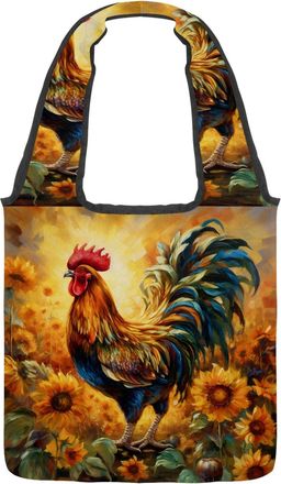 Generic Rooster and Sunflower Reversible Canvas Shoulder Tote - Double-Sided Print, 12oz Cotton, 27cm Drop, Fold-Flat Bag for Travel, Shopping, Street Outings