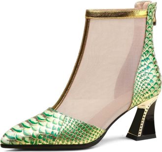 TinaCus Embossed Genuine Leather & Mesh Mid Chunky Heels Handmade Buck Zipper Womens Unique Ankle Boots, Green, 5.5 UK