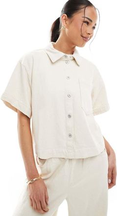 Pieces textured twill short sleeve boxy shirt in raw cotton cream - part of a set-White