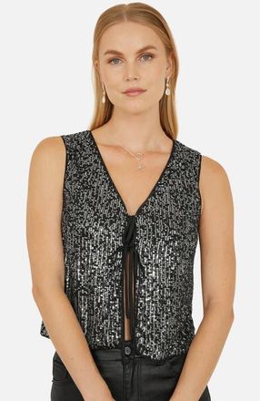 Yumi Sequin Tie Front Waistcoat Top in Black at Nordstrom, Size 10