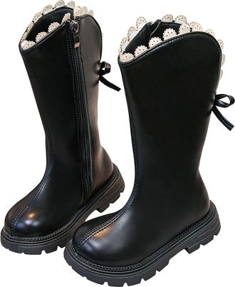 Generic Girls High Top Faux Leather Lace-Up Boots with Side Zipper, Chunky Heel Knee High Fashion Shoes for Girls(Black,11.5-12 Little Kid)