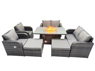 Fimous 8-seater Rattan Garden Furniture Dining Set with 2 Big Stools in Dark Grey