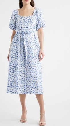 CeCe by Cynthia Steffe Floral Puff Sleeve Cotton Midi Dress in Bellflower Blue at Nordstrom, Size Xx-Large