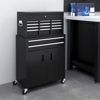 HOMCOM Top Chest & Roller Cabinet Combo Metal Tool Cabinet on Wheels Black