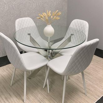 Kosy Koala Round Glass Dining Table Set With 4 White Gem Pattern Chairs