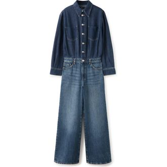 Mango Long Sleeve Wide Leg Denim Jumpsuit in Dark Blue at Nordstrom, Size X-Large