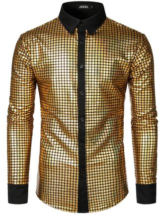 JOGAL Mens Dress Shirt Sequins Button Down Long Sleeve Shirts 70s Disco Party Costume XX-Large Laser Gold