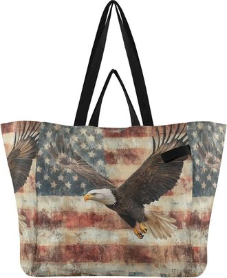 Generic Flag Beige Hawk print Reusable Canvas Tote Bag, Heavy Duty Grocery Shopping Bag with Large Capacity Double Handles Hard Bottom Work Groceries Travel