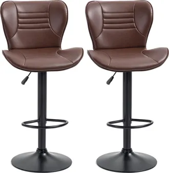 HOMCOM Homcom - Juego De 2 Taburetes De Bar Tapizado En Pu Taburetes Altos De Comedor Regulable En Altura Giratorio Con Respaldo Y Reposapi&eacute;s 46,5x54x88-108 
