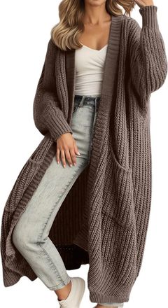 Generic Womens Long Cardigans Oversized Open Front Sweater Casual Solid Color Loose Knitted Cardigan with Pockets (UK, Alpha, XXL, Regular, Regular, Brown)