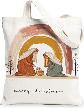 Generic Christmas Nativity Canvas Tote Bags, Vintage Artistic Reusable Grocery Bags, Lightweight Washable Shoulder Strap Canvas for, White, 13x15 Inch