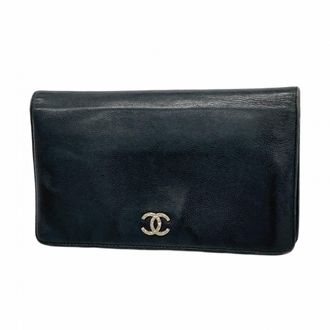 Chanel Black Grained Calfskin Long Wallet (Bi-Fold) (Pre-Owned)