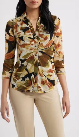 Anne Klein Tropical Print Ruched Mesh Button-Up Shirt in Anne Black Multi at Nordstrom, Size 1X
