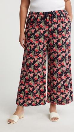 Caslon Pull-On Crop Wide Leg Linen Blend Pants in Navy-Coral Small Autumn Floral at Nordstrom Rack, Size 2X