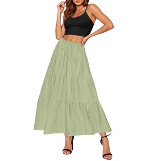 Generic Summer Skirts for Women UK Elasticated Waist Long Maxi Skirts High Waist Plain Loose Casual Beach A Line Ladies Flowy Skirt Green