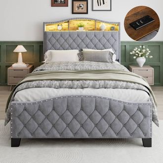 Matteo Grey Velvet Upholstered Double Storage Bed with LED Lights