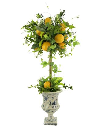 Creative Displays Inc. Lemons And Vine Topiary In Blue And White Ceramic Pedestal Planter