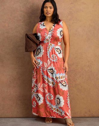 Live Unlimited London Womens Petite Coral Paisley Print Tiered Maxi Dress - Multi - Size: 20