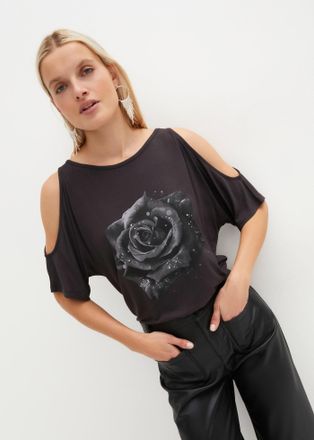 Bonprix T-Shirt BONPRIX Cold-Shoulder-Shirt aus Viskose, Damen, Gr. 56/58 (XXXL), schwarz (dunkelgrau floral), Obermaterial: 100% Viskose, l&auml;ssig geschnitten,