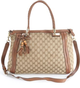 Gucci Beige Brown Leather Canvas Shoulder Bag Tote Bag (Pre-Owned)