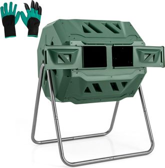 Costway Costway - Compostiera Da Giardino 160 L, Bidone Per Compostaggio A Doppia Vasca Con 2 Porte Scorrevoli E Telaio Metallico Robusto, Compostiera Rotante