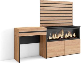 Skraut Home Skraut Home - Tocador, Dormitorio habitación, 177x145x35 cm, Con cajón, Chimenea eléctrica XXL, Listones Decorativos, Estilo Moderno, Gris Cemento