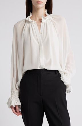 Kobi Halperin Effie Shirred Ruffle Neck Chiffon Top in Ivory at Nordstrom, Size X-Small