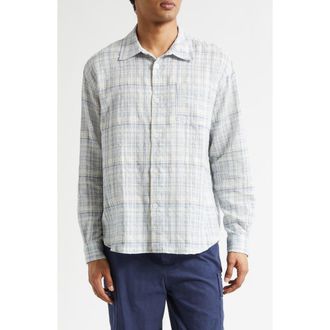 Palmes Plaid Wrinkle Cotton & Linen Blend Button-Up Shirt in Sky Blue at Nordstrom, Size 42 Us