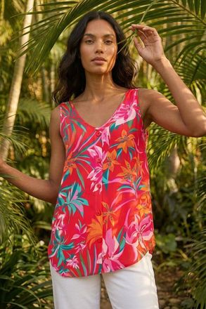 Roman Tropical Print V-Neck Button Cami Top