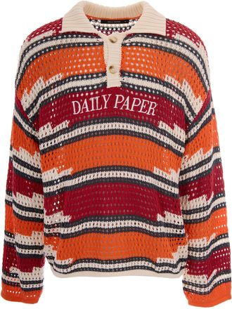 Daily Paper Clothing Crochet-Knit Polo with Kente Stripe Design