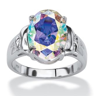 Palm Beach Jewelry 5.81 TCW Oval-Cut Aurora Borealis Cubic Zirconia Ring in.925 Sterling Silver