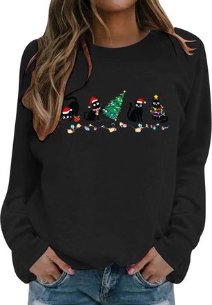 Generic Christmas Tops for Women UK Novelty Cat Tree 3D Graphic Light Up Xmas Jumper Loose Fit Crew Neck Ladies Sweatshirts Casual Long Sleeve Pullover Tops S