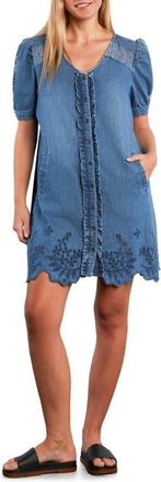 Wash Lab Denim Lovelace Puff Sleeve Denim Minidress in Vintage Denim at Nordstrom, Size X-Large