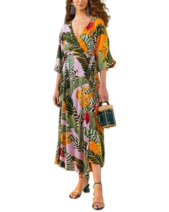Farm Rio Mixed Striped Bananas Maxi Wrap Dress
