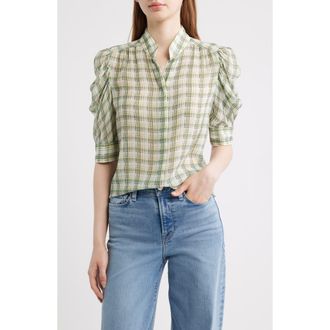 Frame Denim Gillian Check Print Silk Top in Jade Green Multi at Nordstrom, Size X-Small
